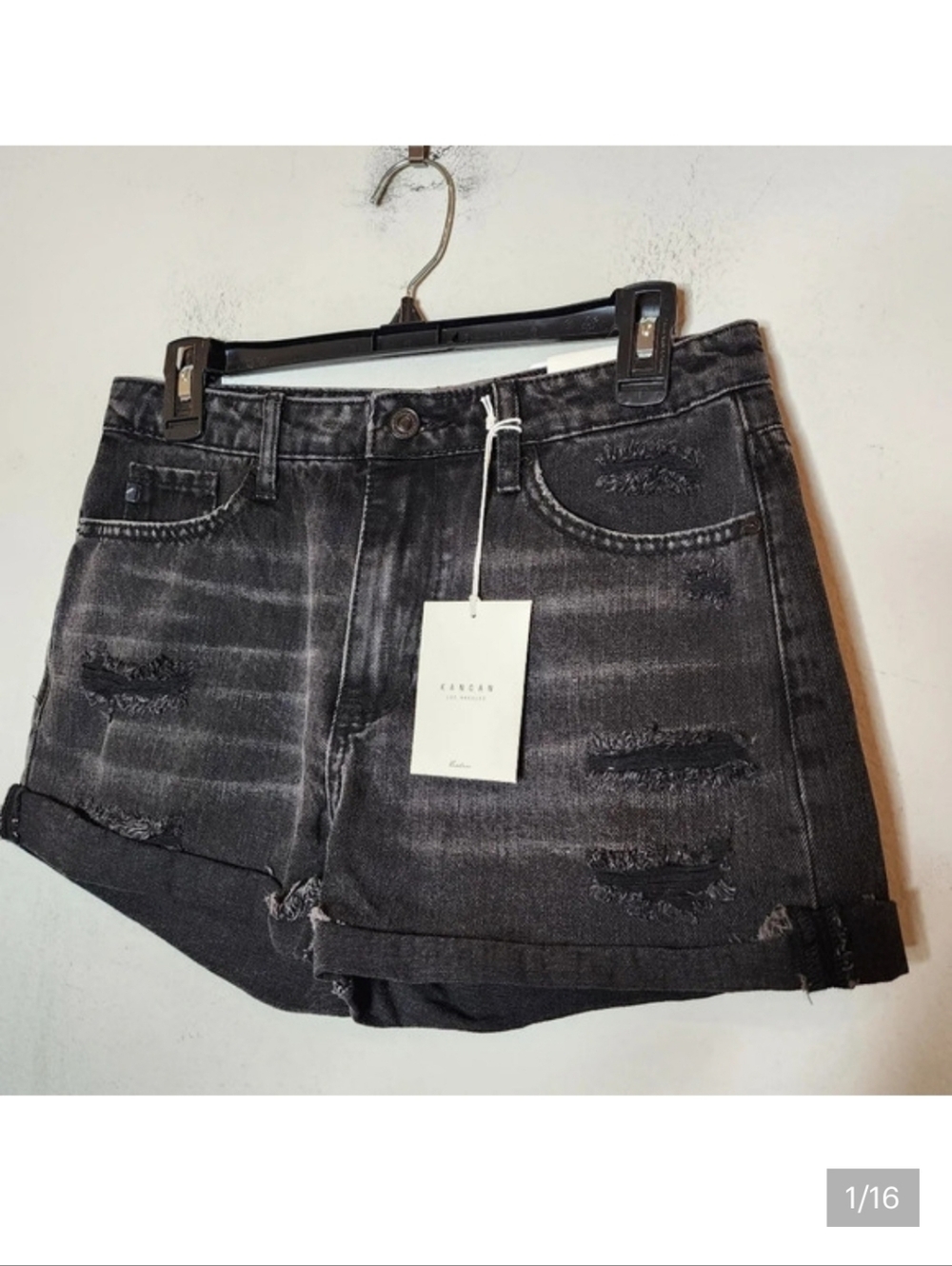 NWT Kancan Highrise Cuffed Distressed Washed Black Denim Shorts Size Medium